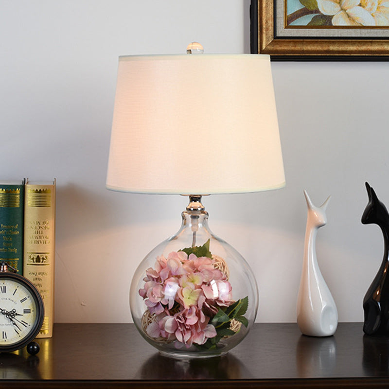 Traditional Rustic Glass &amp; Fabric Round 1-Light Table Lamp For Bedroom And Living Room