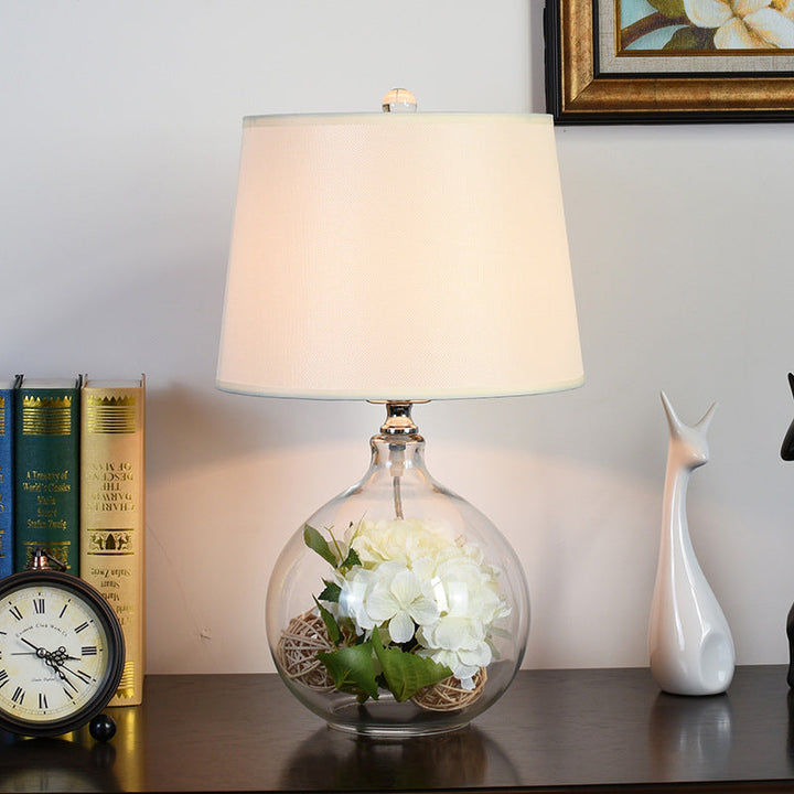 Traditional Rustic Glass &amp; Fabric Round 1-Light Table Lamp For Bedroom And Living Room