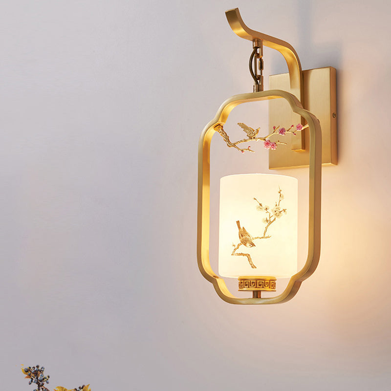 Traditional Chinese Glass Iron Floral Bird Pattern Cylindrical 1-Light Wall Sconce Lamp For Bedroom &amp; Living Room