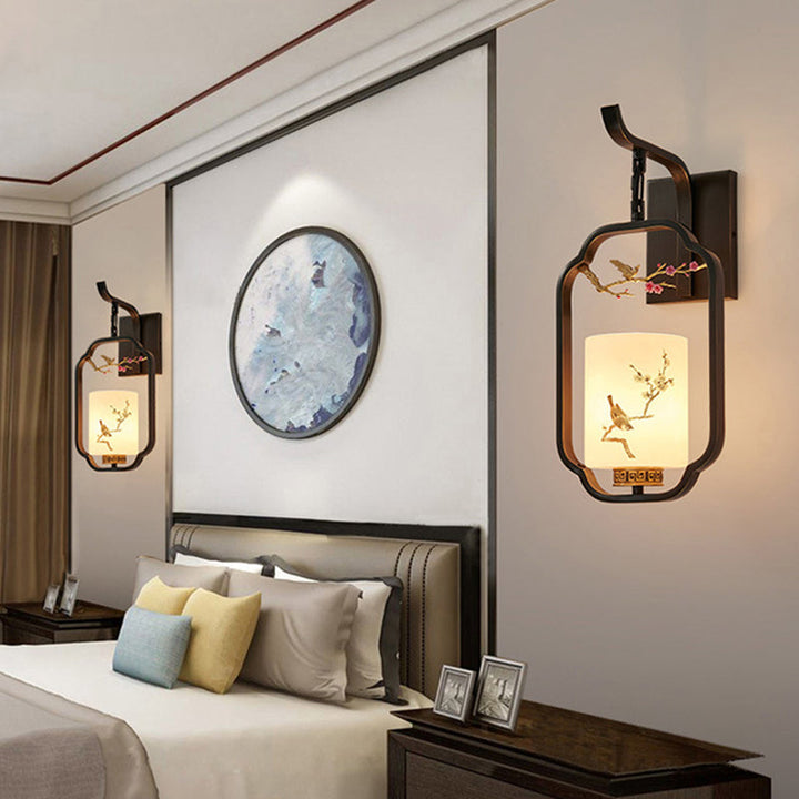 Traditional Chinese Glass Iron Floral Bird Pattern Cylindrical 1-Light Wall Sconce Lamp For Bedroom &amp; Living Room