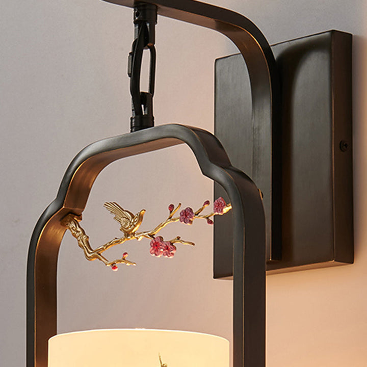 Traditional Chinese Glass Iron Floral Bird Pattern Cylindrical 1-Light Wall Sconce Lamp For Bedroom &amp; Living Room
