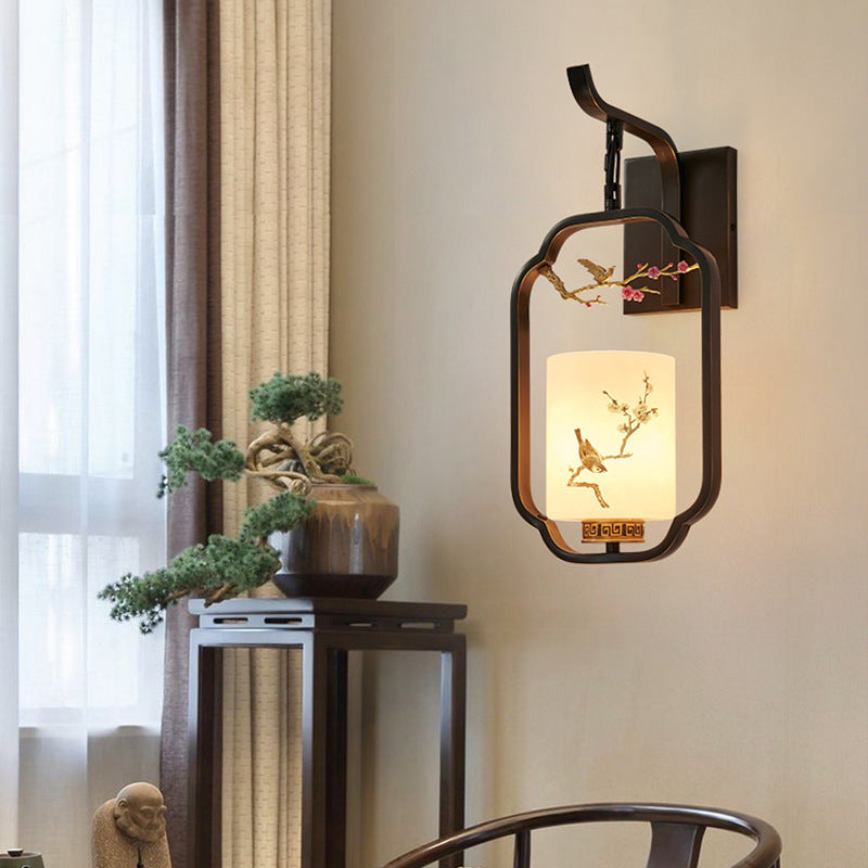 Traditional Chinese Glass Iron Floral Bird Pattern Cylindrical 1-Light Wall Sconce Lamp For Bedroom &amp; Living Room