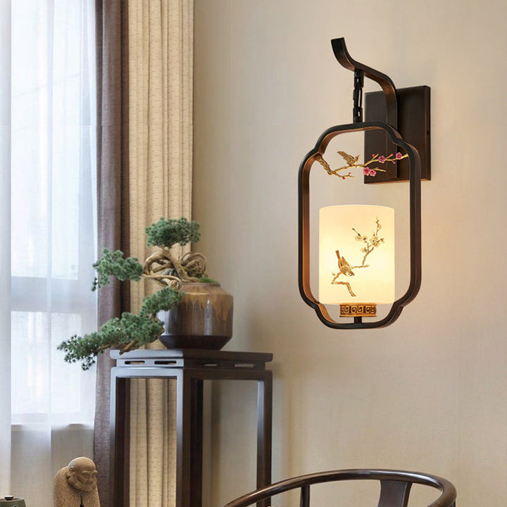 Traditional Chinese Glass Iron Floral Bird Pattern Cylindrical 1-Light Wall Sconce Lamp For Bedroom &amp; Living Room