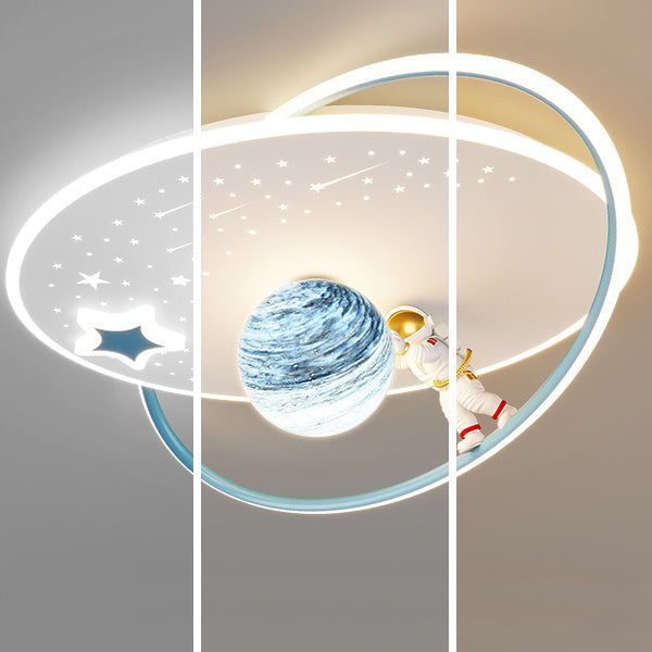 Modern Art Deco Kids Glass Acrylic Iron Astronaut Planet LED Flush Mount Ceiling Light For Bedroom &amp; Living Room