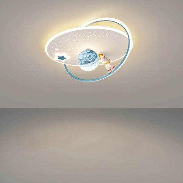 Modern Art Deco Kids Glass Acrylic Iron Astronaut Planet LED Flush Mount Ceiling Light For Bedroom &amp; Living Room