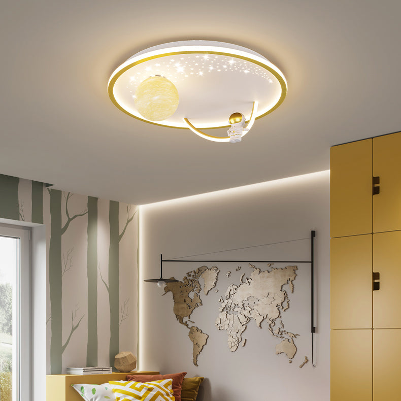 Modern Art Deco Kids Glass Acrylic Iron Astronaut Planet LED Flush Mount Ceiling Light For Bedroom &amp; Living Room