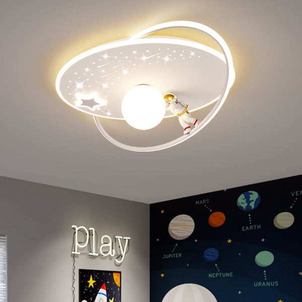 Modern Art Deco Kids Glass Acrylic Iron Astronaut Planet LED Flush Mount Ceiling Light For Bedroom &amp; Living Room