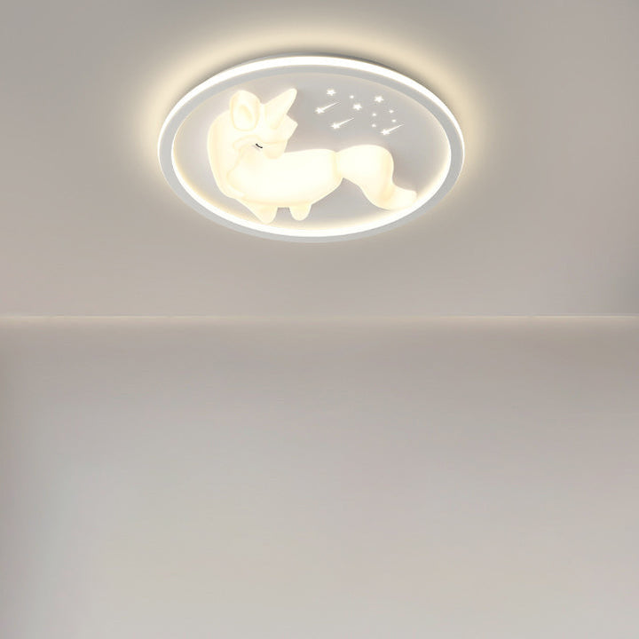 Modern Art Deco Iron PE Unicorn Shape Round LED Flush Mount Ceiling Light For Bedroom &amp; Living Room