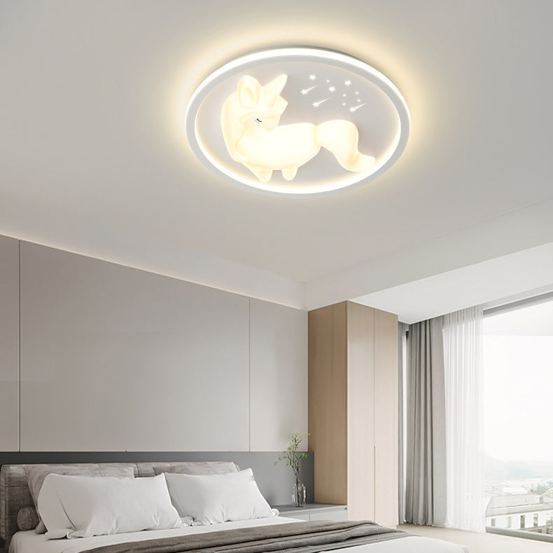 Modern Art Deco Iron PE Unicorn Shape Round LED Flush Mount Ceiling Light For Bedroom &amp; Living Room