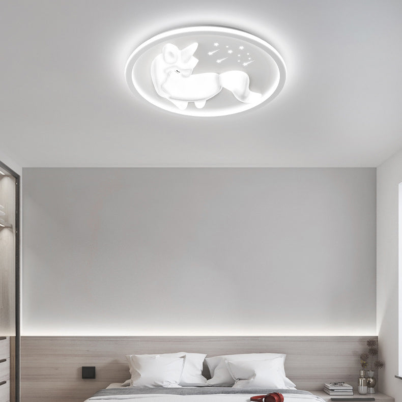 Modern Art Deco Iron PE Unicorn Shape Round LED Flush Mount Ceiling Light For Bedroom &amp; Living Room