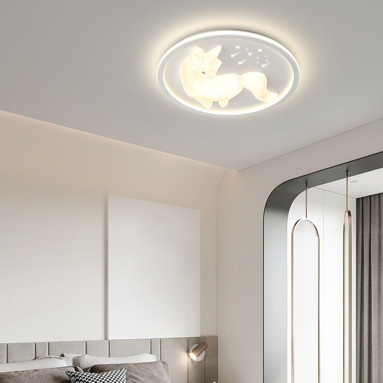 Modern Art Deco Iron PE Unicorn Shape Round LED Flush Mount Ceiling Light For Bedroom &amp; Living Room