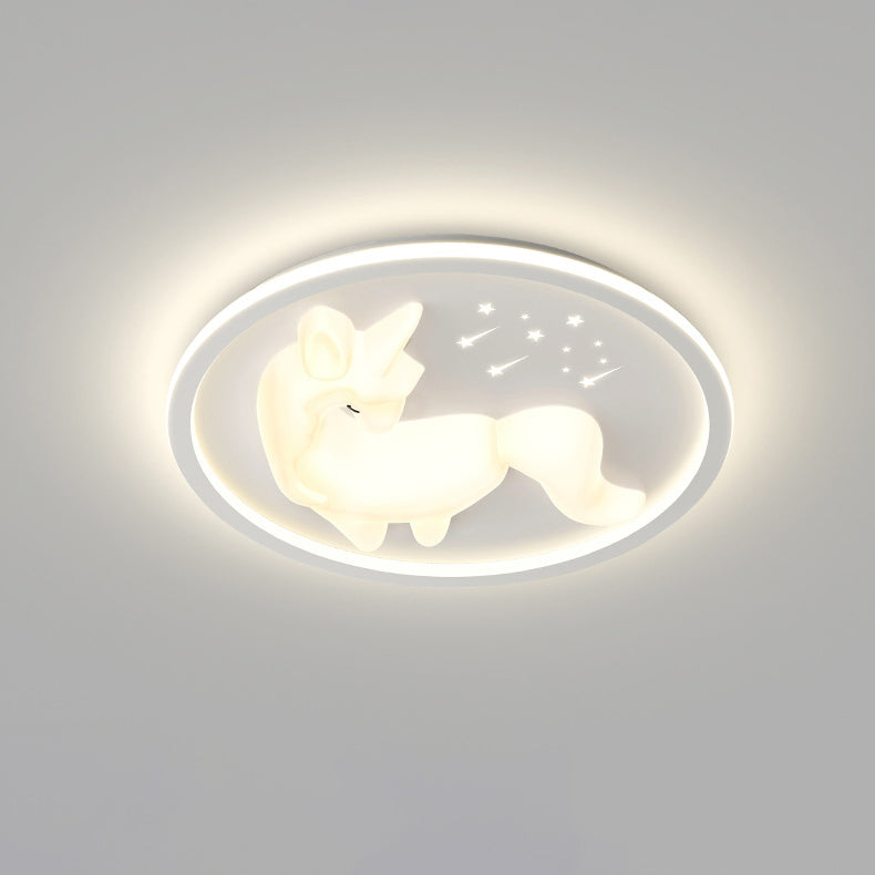 Modern Art Deco Iron PE Unicorn Shape Round LED Flush Mount Ceiling Light For Bedroom &amp; Living Room