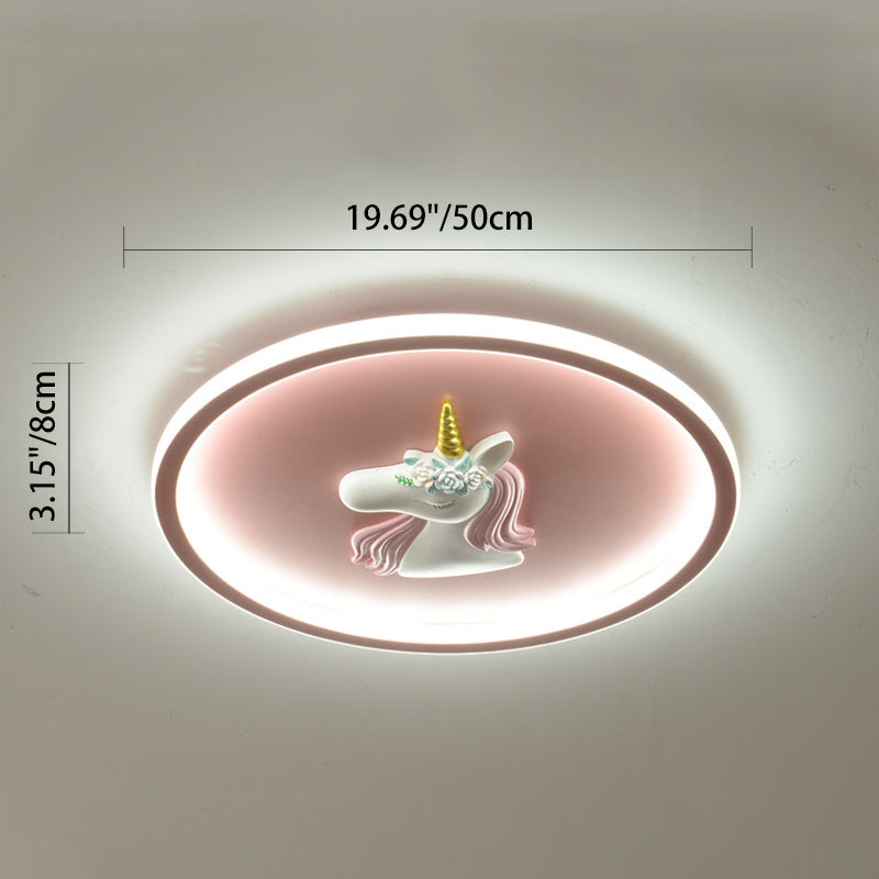 Modern Art Deco Kids Acrylic Iron Unicorn Round LED Flush Mount Ceiling Light For Bedroom &amp; Living Room