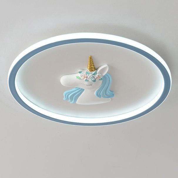 Modern Art Deco Kids Acrylic Iron Unicorn Round LED Flush Mount Ceiling Light For Bedroom &amp; Living Room