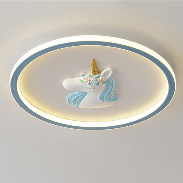Modern Art Deco Kids Acrylic Iron Unicorn Round LED Flush Mount Ceiling Light For Bedroom &amp; Living Room