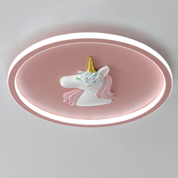 Modern Art Deco Kids Acrylic Iron Unicorn Round LED Flush Mount Ceiling Light For Bedroom &amp; Living Room