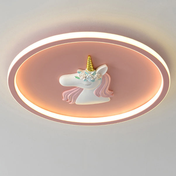 Modern Art Deco Kids Acrylic Iron Unicorn Round LED Flush Mount Ceiling Light For Bedroom &amp; Living Room