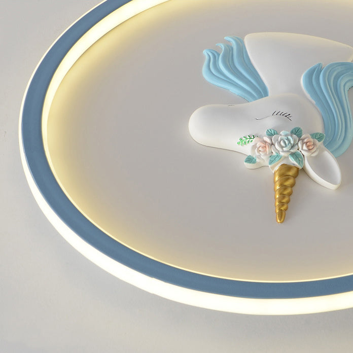 Modern Art Deco Kids Acrylic Iron Unicorn Round LED Flush Mount Ceiling Light For Bedroom &amp; Living Room