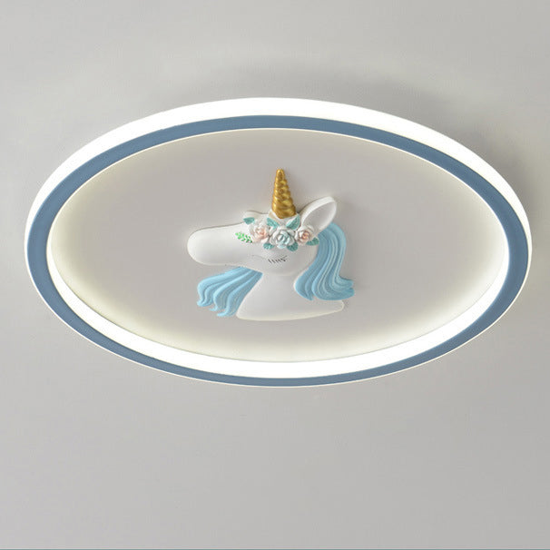 Modern Art Deco Kids Acrylic Iron Unicorn Round LED Flush Mount Ceiling Light For Bedroom &amp; Living Room