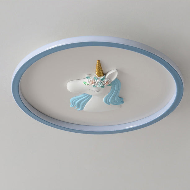 Modern Art Deco Kids Acrylic Iron Unicorn Round LED Flush Mount Ceiling Light For Bedroom &amp; Living Room