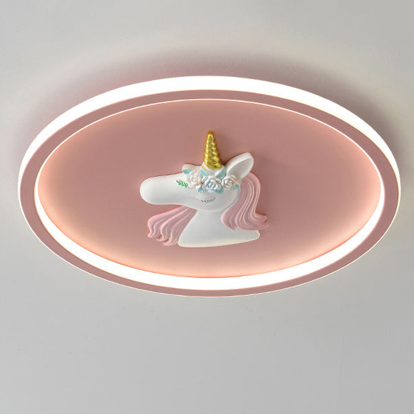 Modern Art Deco Kids Acrylic Iron Unicorn Round LED Flush Mount Ceiling Light For Bedroom &amp; Living Room