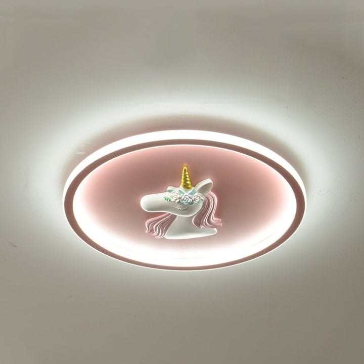 Modern Art Deco Kids Acrylic Iron Unicorn Round LED Flush Mount Ceiling Light For Bedroom &amp; Living Room