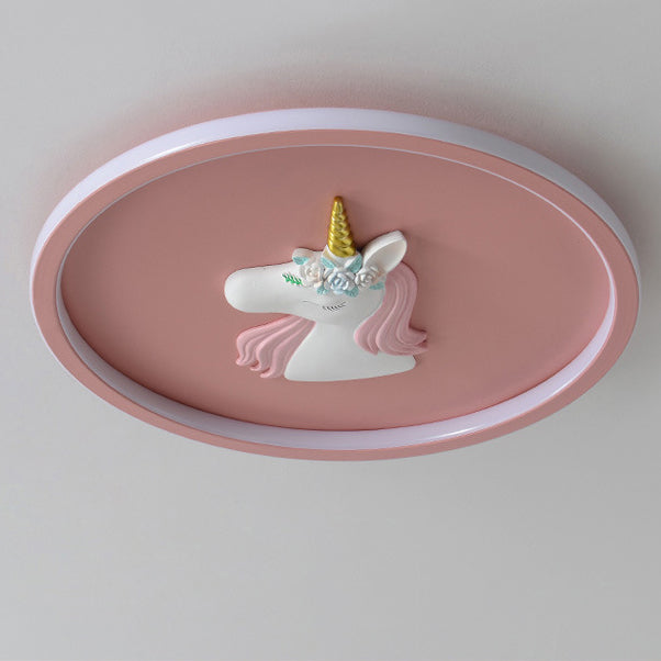 Modern Art Deco Kids Acrylic Iron Unicorn Round LED Flush Mount Ceiling Light For Bedroom &amp; Living Room