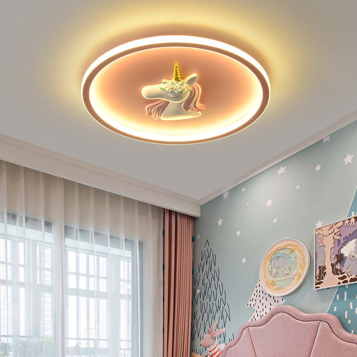 Modern Art Deco Kids Acrylic Iron Unicorn Round LED Flush Mount Ceiling Light For Bedroom &amp; Living Room