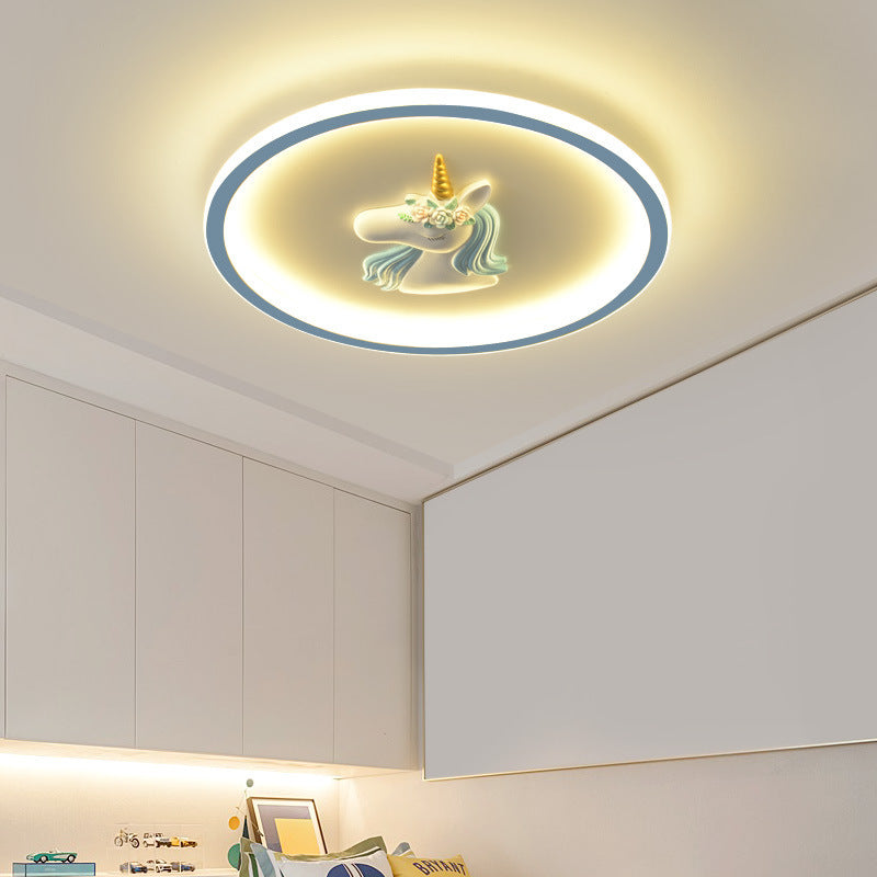Modern Art Deco Kids Acrylic Iron Unicorn Round LED Flush Mount Ceiling Light For Bedroom &amp; Living Room
