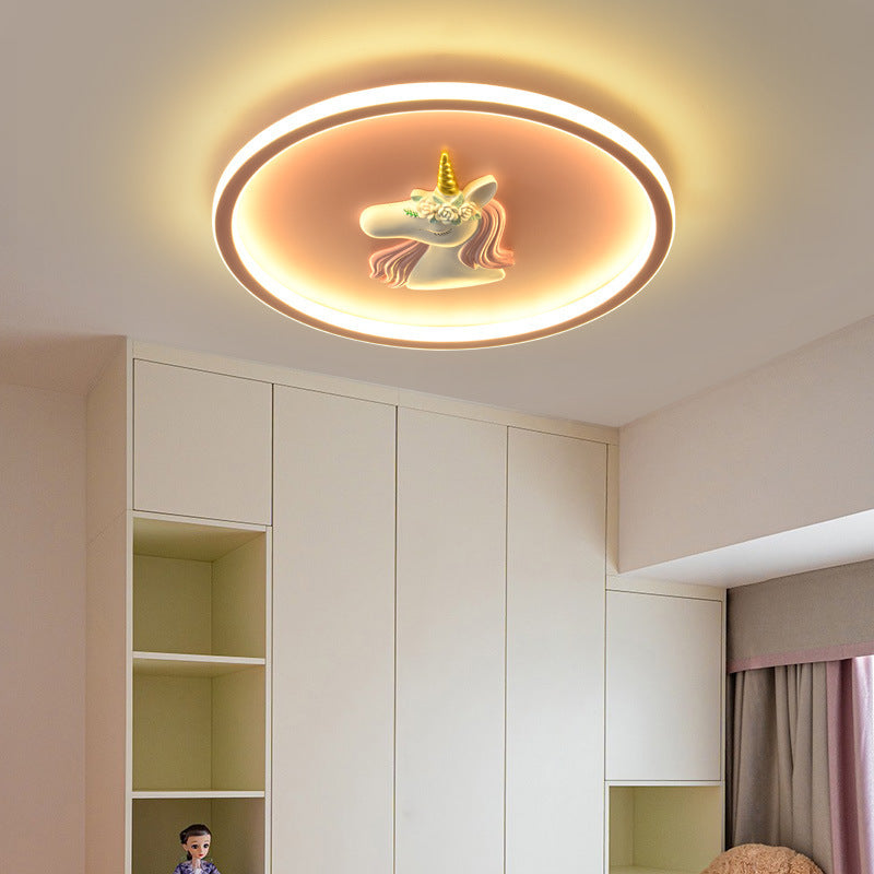 Modern Art Deco Kids Acrylic Iron Unicorn Round LED Flush Mount Ceiling Light For Bedroom &amp; Living Room