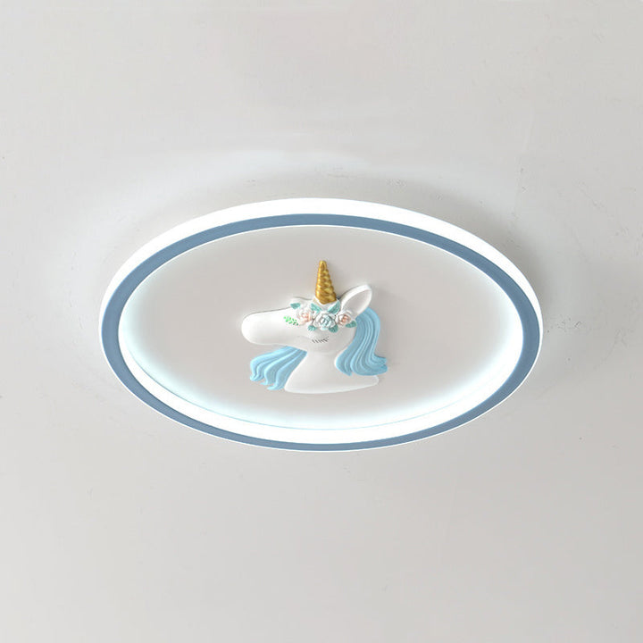Modern Art Deco Kids Acrylic Iron Unicorn Round LED Flush Mount Ceiling Light For Bedroom &amp; Living Room