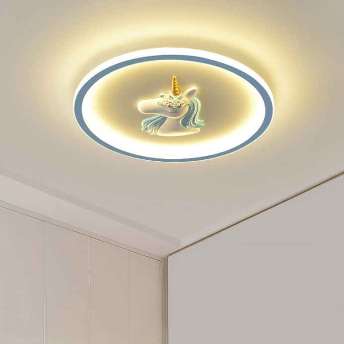 Modern Art Deco Kids Acrylic Iron Unicorn Round LED Flush Mount Ceiling Light For Bedroom &amp; Living Room