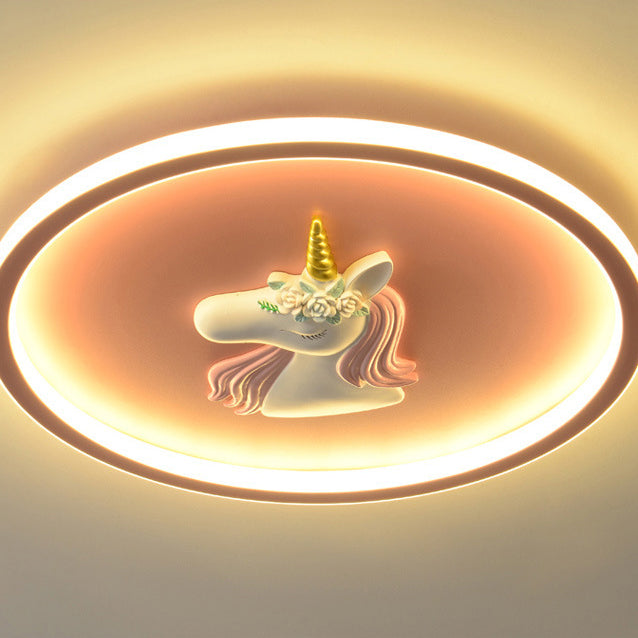 Modern Art Deco Kids Acrylic Iron Unicorn Round LED Flush Mount Ceiling Light For Bedroom &amp; Living Room
