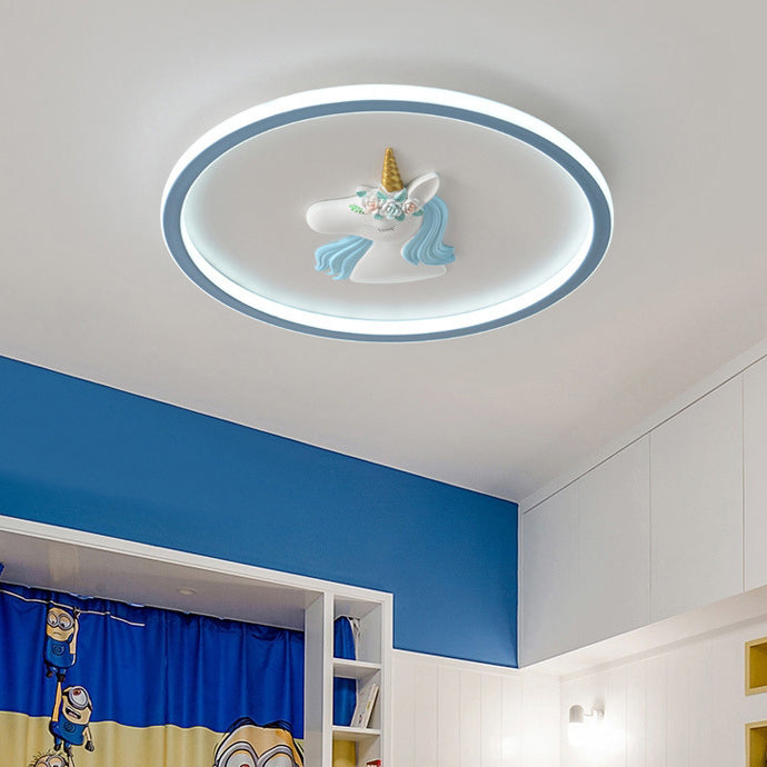 Modern Art Deco Kids Acrylic Iron Unicorn Round LED Flush Mount Ceiling Light For Bedroom &amp; Living Room