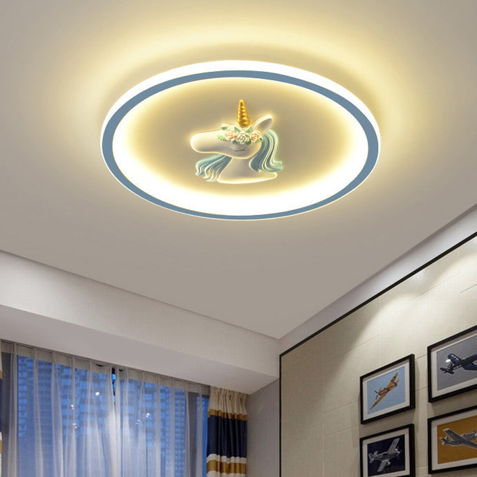 Modern Art Deco Kids Acrylic Iron Unicorn Round LED Flush Mount Ceiling Light For Bedroom &amp; Living Room