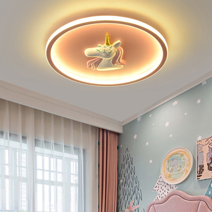 Modern Art Deco Kids Acrylic Iron Unicorn Round LED Flush Mount Ceiling Light For Bedroom &amp; Living Room