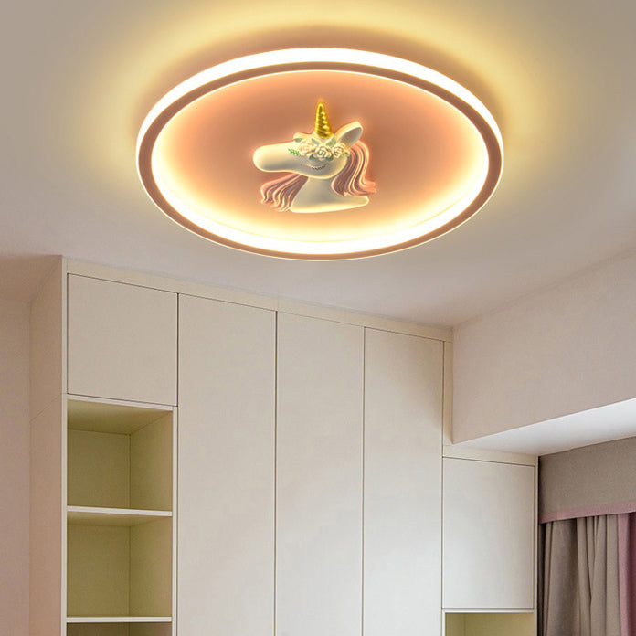 Modern Art Deco Kids Acrylic Iron Unicorn Round LED Flush Mount Ceiling Light For Bedroom &amp; Living Room