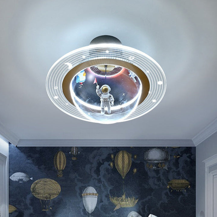 Contemporary Creative Kids Iron Resin &amp; Acrylic Astronaut Globe LED Semi-Flush Mount Ceiling Light For Bedroom