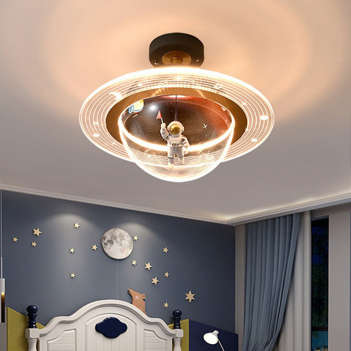 Contemporary Creative Kids Iron Resin &amp; Acrylic Astronaut Globe LED Semi-Flush Mount Ceiling Light For Bedroom