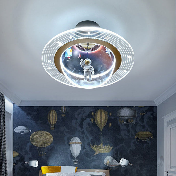 Contemporary Creative Kids Iron Resin &amp; Acrylic Astronaut Globe LED Semi-Flush Mount Ceiling Light For Bedroom