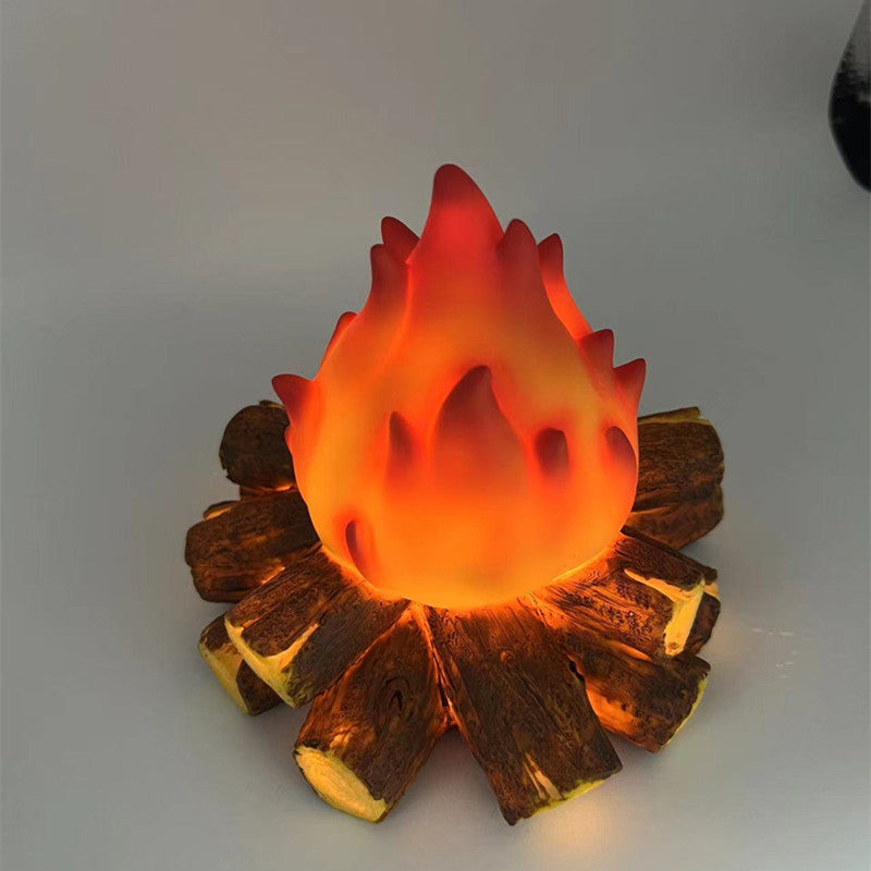 Modern Art Deco Battery Resin Simulated Firewood Flame LED Table Lamp Night Light For Bedroom