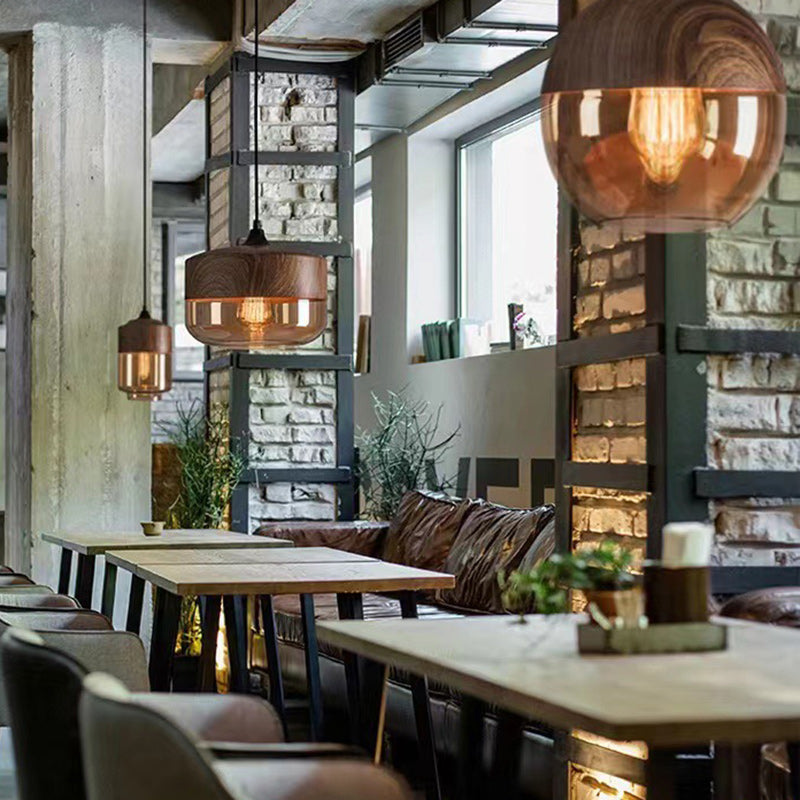 Contemporary Industrial Iron &amp; Glass Barrel Cylinder Globe 1-Light Pendant Light For Dining Room