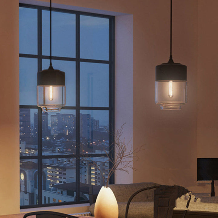 Contemporary Industrial Iron &amp; Glass Barrel Cylinder Globe 1-Light Pendant Light For Dining Room