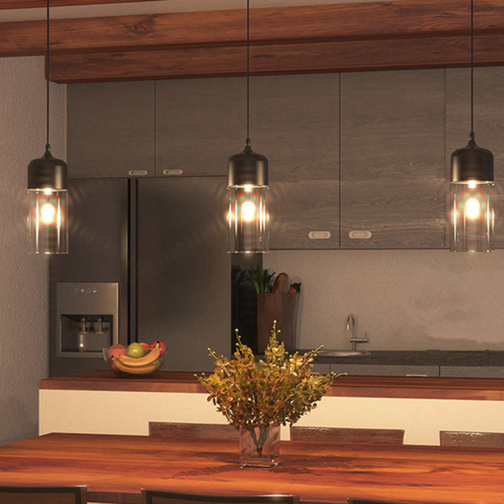 Contemporary Industrial Iron &amp; Glass Barrel Cylinder Globe 1-Light Pendant Light For Dining Room