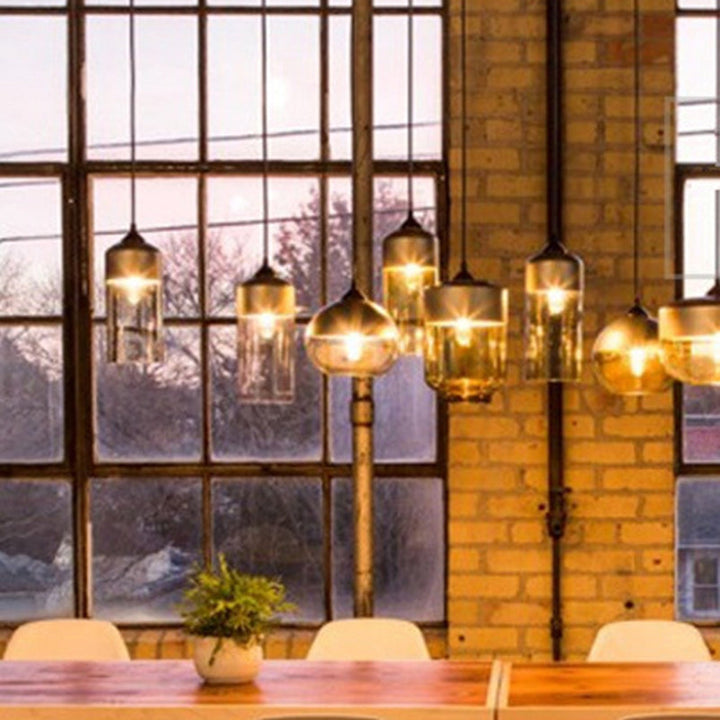 Contemporary Industrial Iron &amp; Glass Barrel Cylinder Globe 1-Light Pendant Light For Dining Room