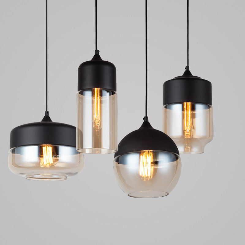 Contemporary Industrial Iron &amp; Glass Barrel Cylinder Globe 1-Light Pendant Light For Dining Room