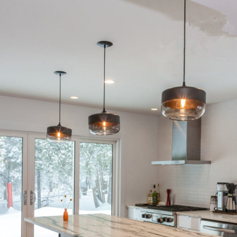 Contemporary Industrial Iron &amp; Glass Barrel Cylinder Globe 1-Light Pendant Light For Dining Room