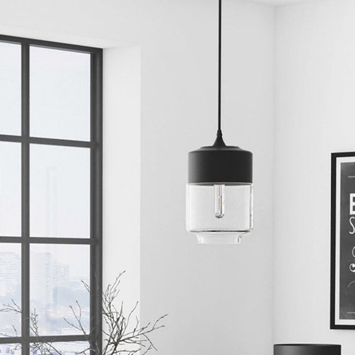 Contemporary Industrial Iron &amp; Glass Barrel Cylinder Globe 1-Light Pendant Light For Dining Room