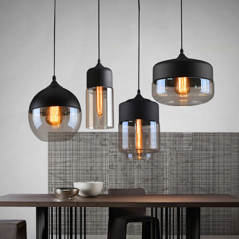 Contemporary Industrial Iron &amp; Glass Barrel Cylinder Globe 1-Light Pendant Light For Dining Room