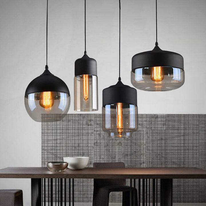 Contemporary Industrial Iron &amp; Glass Barrel Cylinder Globe 1-Light Pendant Light For Dining Room